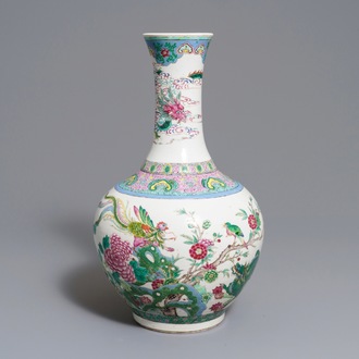 A Chinese famille rose tianqiu ping vase with birds and a dragon, 19th C.