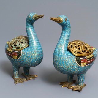 A pair of Chinese cloisonné duck-shaped incense burners and covers, Jiaqing