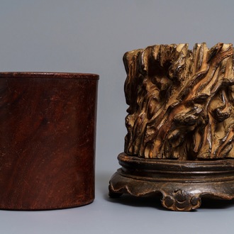 Two Chinese wooden brush pots, 19/20th C.