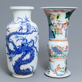 Two Chinese blue and white and wucai vases, Yongzheng and Wanli marks, 19th C.