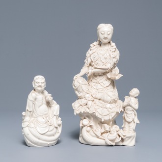 Two Chinese Dehua blanc de Chine models of a Luohan and Guanyin with servant, 19th C.