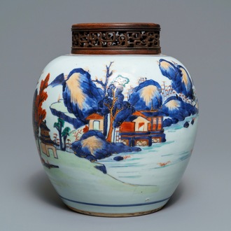 Een Chinese Imari-stijl pot met landschapsdecor, Kangxi