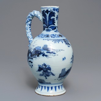 A large Dutch Delft blue and white chinoiserie jug, late 17th C.