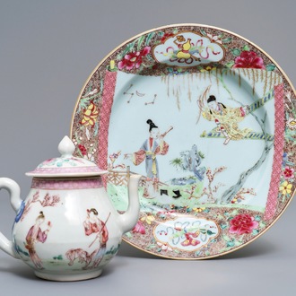Une théière couverte et une assiette en porcelaine de Chine famille rose, Yongzheng/Qianlong