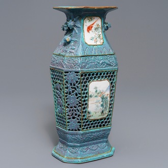 A Chinese reticulated robin's egg-ground qianjiang cai vase, 19th C.