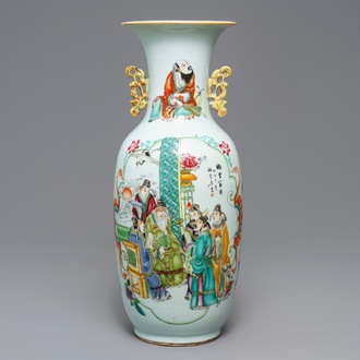 A Chinese famille rose two-sided design vase, 19/20th C.