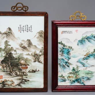 Two Chinese qianjiang cai landscape plaques, signed Wang Yun Shan and Wang Shu, dated 1932 and 1937
