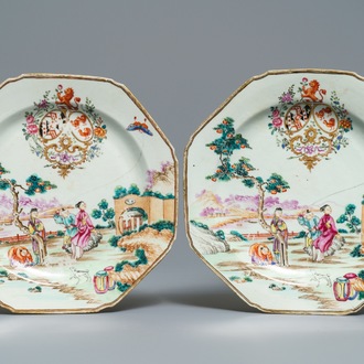 A pair of octagonal Chinese famille rose English market armorial plates, Qianlong