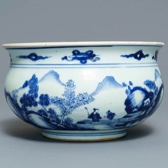 Un brûle-parfum en porcelaine de Chine bleu et blanc à décor de figures dans un paysage, Kangxi