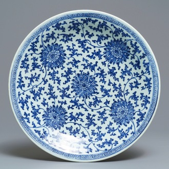 A Chinese blue and white lotus dish, Qianlong mark and of the period