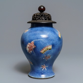 A Chinese powder blue and copper red 'dragon' vase, Kangxi mark, 19th C.