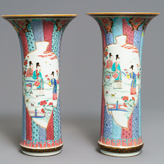 A pair of Chinese famille rose vases with ladies in a garden, Yongzheng