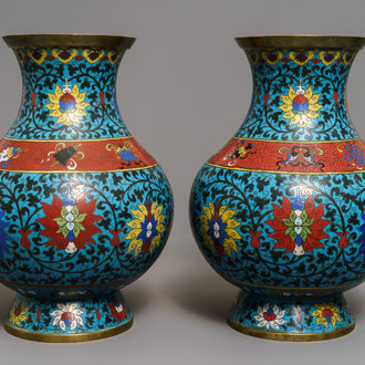 A pair of Chinese cloisonné 'lotus scroll' hu vases, 18th C.