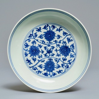 A Chinese blue and white 'lotus scroll' dish, Wanli mark and of the period