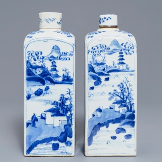 Two Chinese blue and white square tea caddies and covers, Kangxi