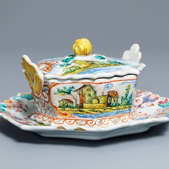 A very fine polychrome petit feu Dutch Delft butter tub on stand, 18th C.