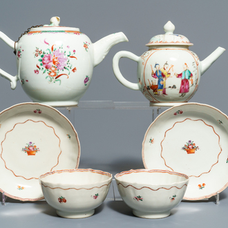 Two Chinese famille rose teapots and covers and two sets of cups and saucers, Qianlong