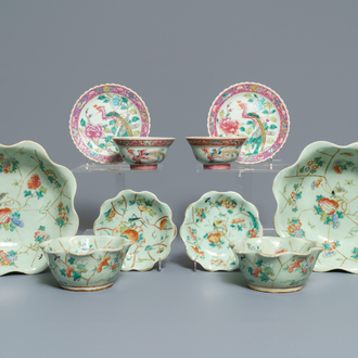 Six bols en porcelaine de Chine céladon et une paire de bols sur supports pour le marché Peranakan ou Straits, 19ème