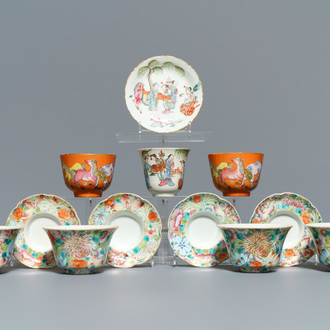 Cinq tasses et leur soucoupes et deux tasses en porcelaine de Chine famille rose, 19/20ème