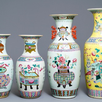 Four Chinese famille rose vases with antiquities design, 19th C.