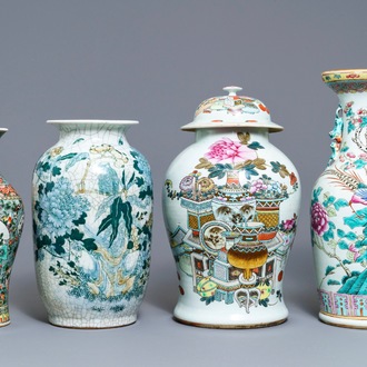 Four Chinese famille rose, verte and qianjiang cai vases, 19/20th C.