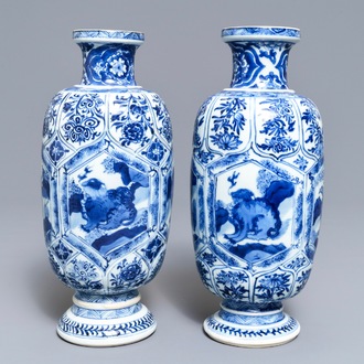 A pair of Chinese blue and white 'mythical beasts' vases, Kangxi