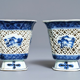 A pair of Chinese blue and white reticulated double-walled cups, Qianlong