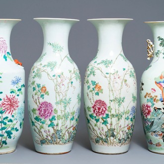 A pair and two individual Chinese famille rose vases with birds and butterflies among flowers, 19th C.