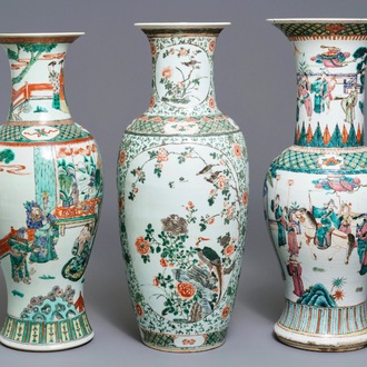 Three Chinese famille rose and verte vases, 19/20th C.