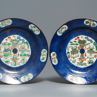 A pair of large Chinese famille verte powder blue-ground dishes, ex-coll. August the Strong, Kangxi