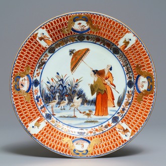 Een Chinese Imari-stijl schotel naar Cornelis Pronk, "De parasoldames", Qianlong, ca. 1736-1738