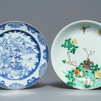 A Chinese blue and white 'Master of the Rock' dish and a famille verte dish, Kangxi