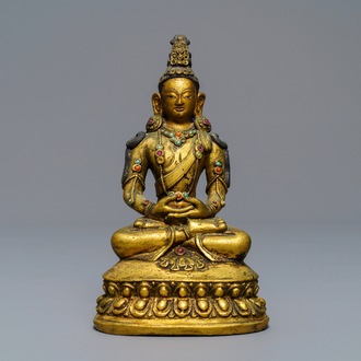 A Sino-Mongolian inlaid gilt bronze figure of Amitayus, 18/19th C.