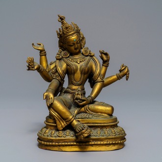 Een ingelegde verguld bronzen figuur van Vasudhara, Tibet of Nepal, 18/19e eeuw