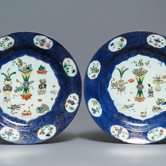 A pair of large Chinese famille verte powder blue-ground dishes, Kangxi