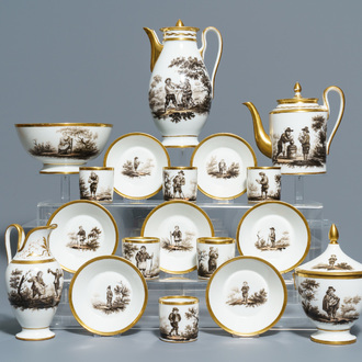 Un service à café Empire de 18 pièces en porcelaine de Bruxelles ou Paris en grisaille et dorée, 19ème