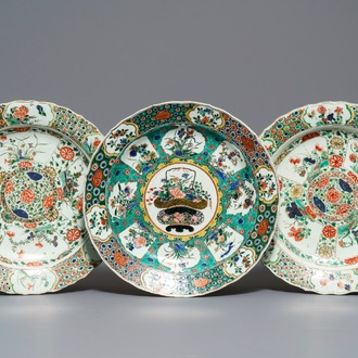 Three Chinese famille verte dishes with floral designs, Kangxi