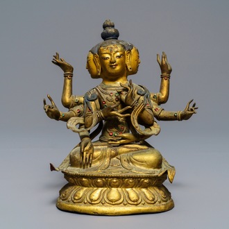 A Sino-Tibetan inlaid gilt copper alloy figure of Ushnishavijaya, 18th C.