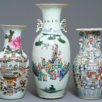 Three Chinese famille rose and qianjiang cai vases, 19/20th C.