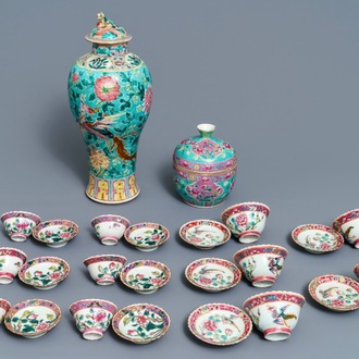 A collection of Chinese famille rose Peranakan or Straits market cups and saucers and a vase, 19th C.