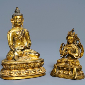 Deux figures de Bouddha Shakyamuni et d' Avalokitesvara en bronze doré, Sino-Tibet, 18/19ème