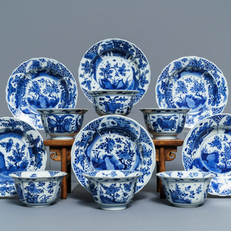 Six Chinese blue and white bowls on stands, Kangxi