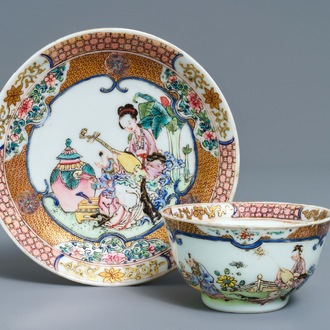 A fine Chinese famille rose cup and saucer with a musician, Yongzheng