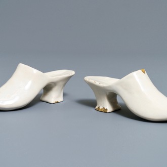 A pair of white Dutch Delft models of slippers, 18th C.