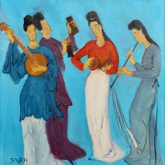 Sadji (Sha Qi, Sha Yinnian) (1914-2005): Vier Chinese muzikantes, olie op doek