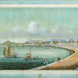 Tingqua (Canton, ca. 1809-1870), studio: Zicht op Macau, gouache op rijstpapier, ca. 1845-1855