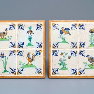 Acht polychrome Delftse tegels met vogels en bloemen, Gouda, 17e eeuw