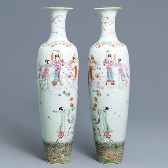 A pair of large Chinese famille rose 'immortals and cranes' vases, Republic, 20th C.