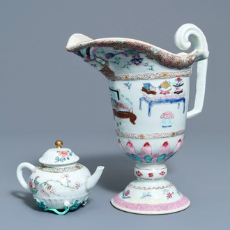 A Chinese famille rose helmet-shaped jug and a relief-decorated teapot, Yongzheng