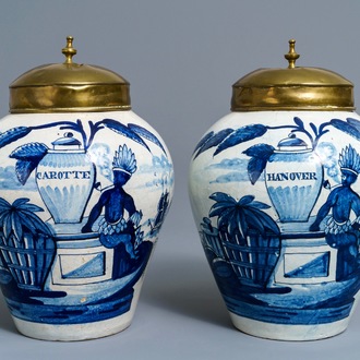 A pair of Dutch Delft blue and white tobacco jars with native American indians, 18th C.